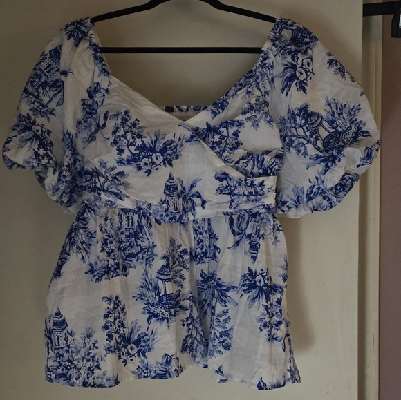 crown & ivy Tops - Blue and White Floral Women's Top